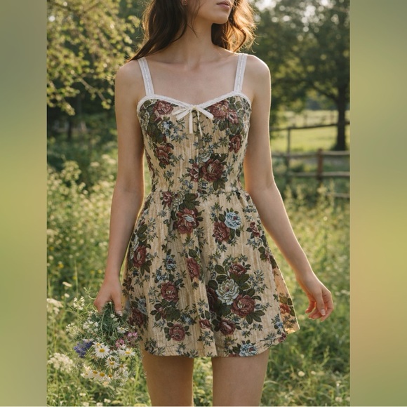 Dresses & Skirts - Vintage Tapestry Floral Corset Mini Dress Cottagecore Coquette Bow Lace Trim S